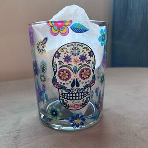 Dia de Los Muertos Colorful Sugar Skull Glass with Floral Accents